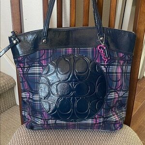 Coach Multicolor Plaid Tote with Navy Accents